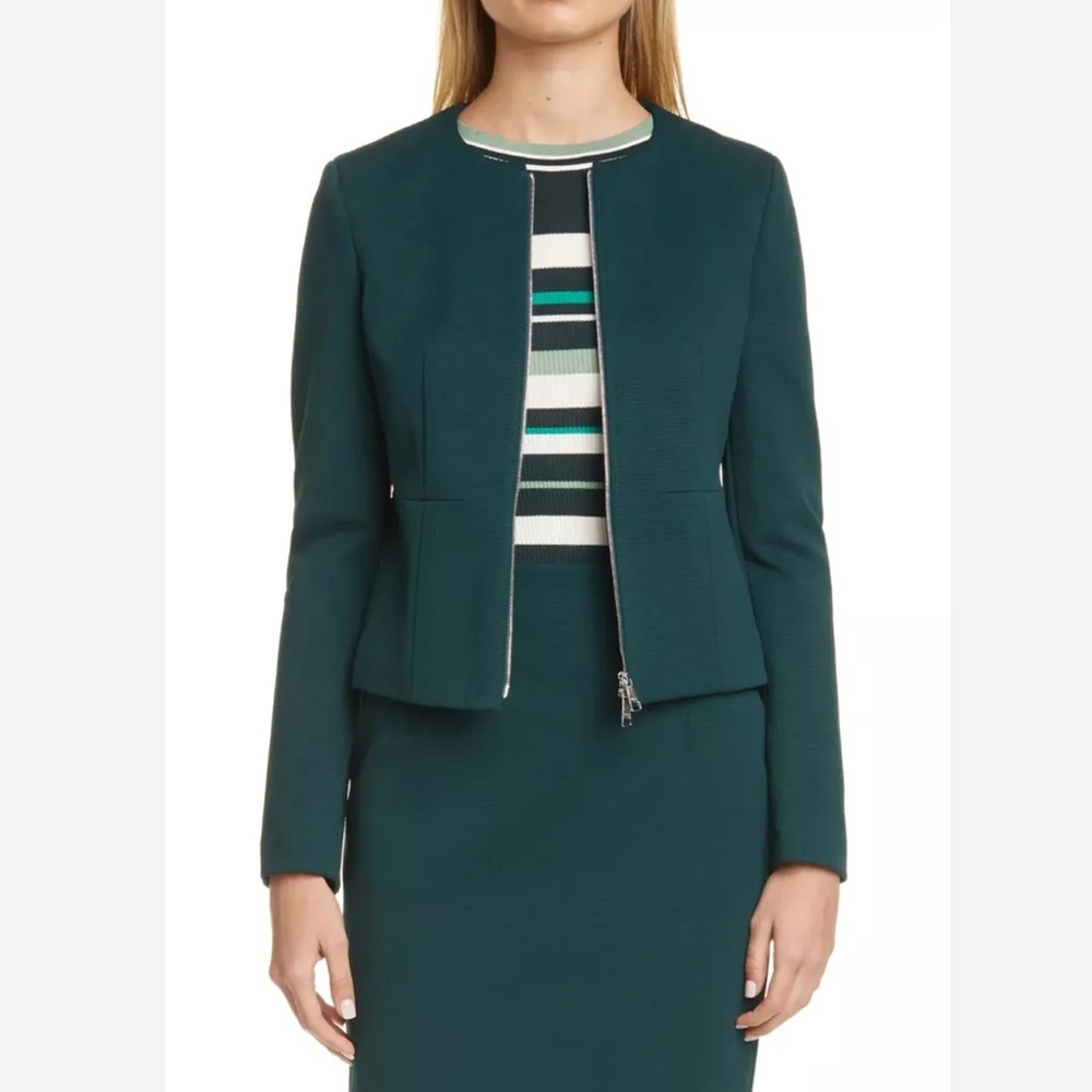 Boss Jaxine Jacket Size 10 Women Career Long Sleeve Full Zip Textured Dark Green
